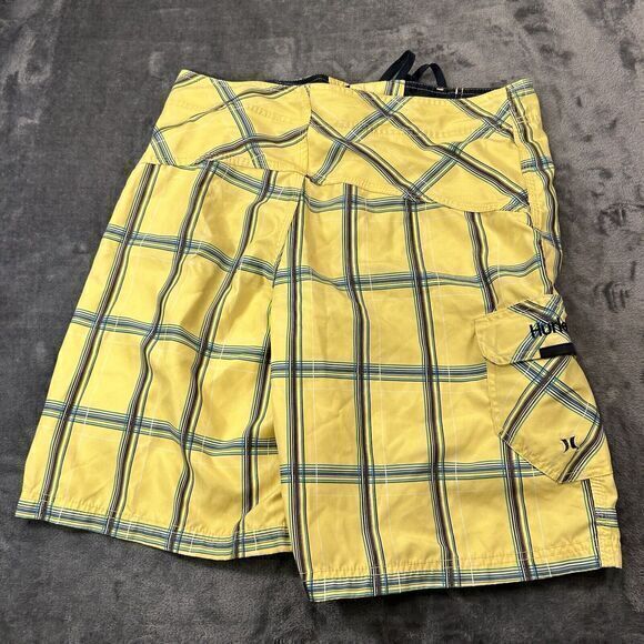 Hurley Swim‎ Trunks Mens 32 Yellow Black Check Bottoms Swimwear Surf Pool Beach - Picture 6 of 11